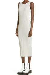 Vestido midi plisado sin mangas, elegante, de verano, con cuello redondo - Blanco